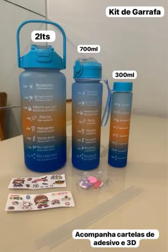 Kit Garrafa de Água 2L, 700ml e 300ml - Com Adesivos e 3D