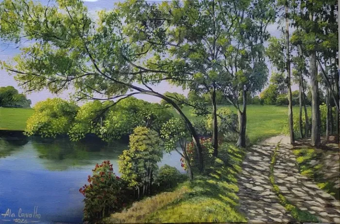 Quadro decorativo pintado à mão Caminho Tranquilo ao Entardecer
