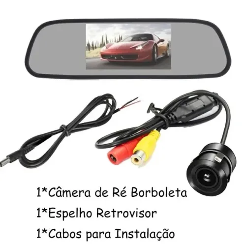 Retrovisor lcd espelho interno com câmera de ré borbolet colorida universal 12v