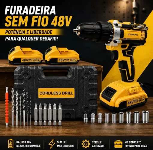 Furadeira/Parafusadeira Sem Fio 48V + 2 Baterias + Kit Completo
