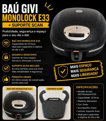Baú Givi Monolock E33 + Suporte Scan