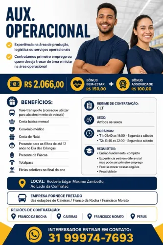 Auxiliar de logística Perus, Caieiras, Franco da Rocha 