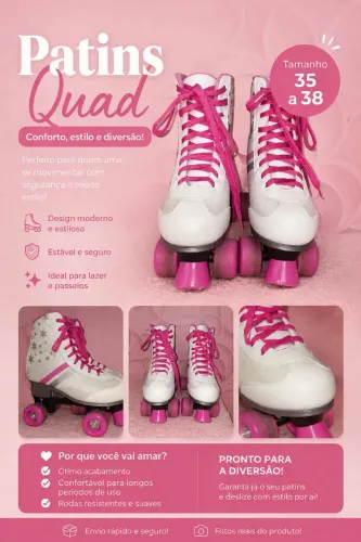 Patins Quad Retrô Branco e Rosa | Ajustável do 35 ao 38 | Excelente Estado