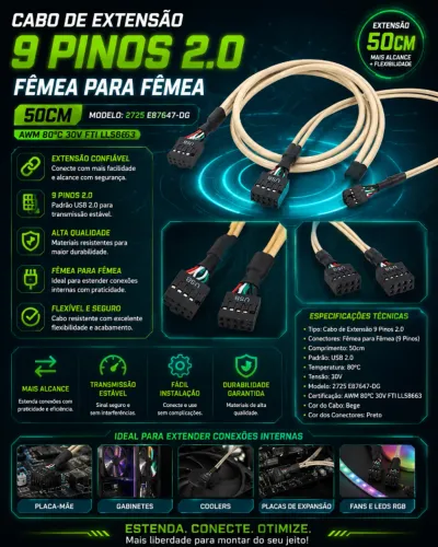 Cabo de Extensão 9 Pinos 2.0 Fêmea para Fêmea com 50cm 