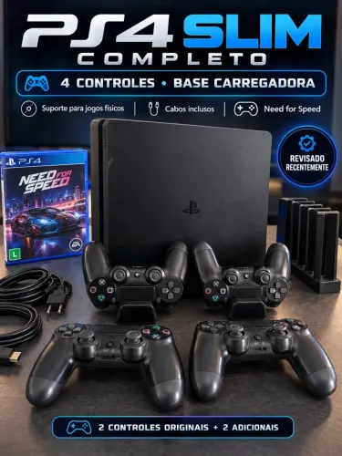 Ps4 slim + 4 controles + base carregadora + 1 jogo físico