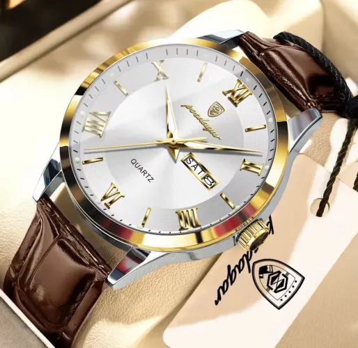 Relógio Poedagar Luxury 978B Golden White Com Pulseira de Couro Marrom Algarismo Romano