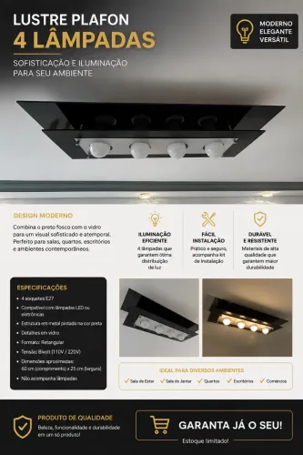 Lustre Plafon 4 lâmpadas - Preto com Vidro