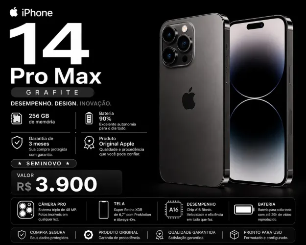 iPhone 14 Pro Max 256GB Grafite | Bateria 90% | Garantia 3 Meses | Original Apple
