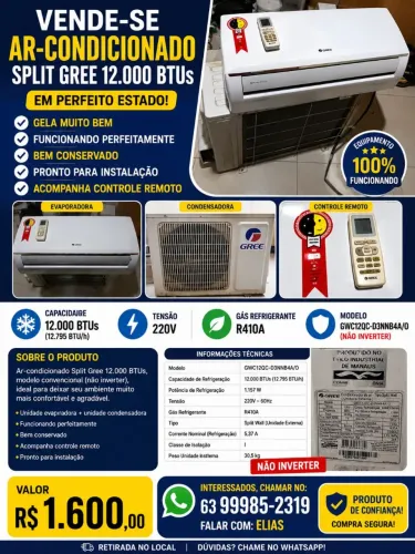 ? VENDE-SE AR-CONDICIONADO SPLIT GREE 12.000 BTUs - R$ 1.600,00 ?