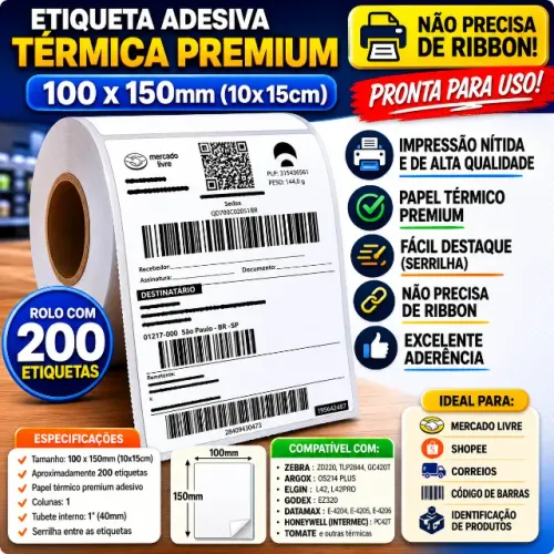 200 Etiquetas 10x15 100x150 Térmica Serrilha Zebra Elgin