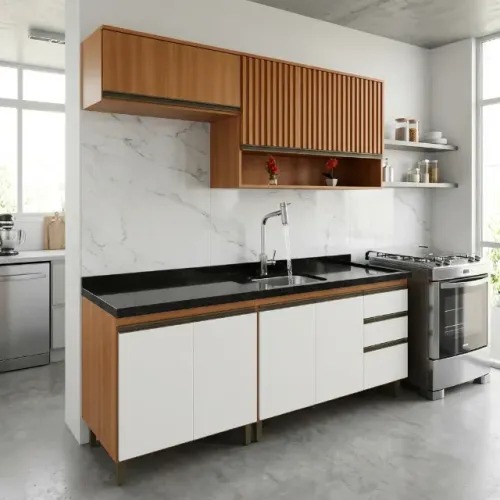 Cozinha Modulada 2m com pia de granito e cuba inox