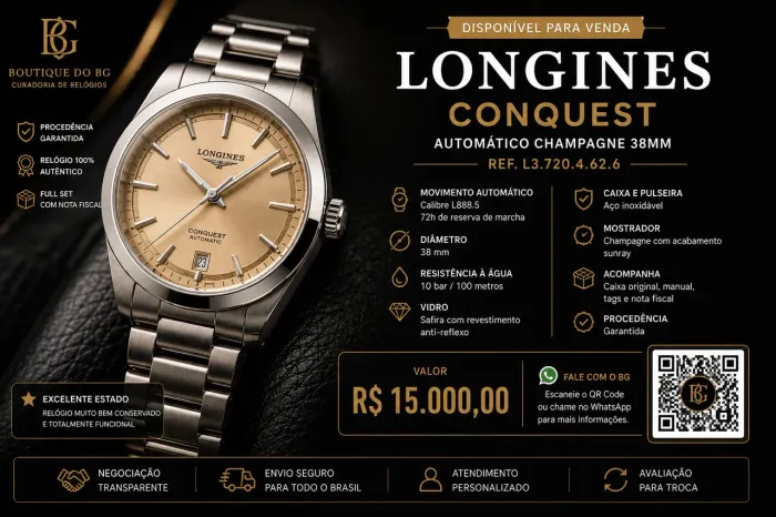 Longines Conquest 38mm Automático Champagne | Full Set | Impecável
