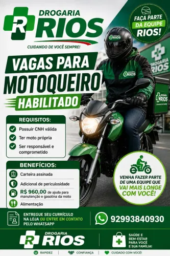     Vaga para Motoqueiro Entregador - Drogaria Rios