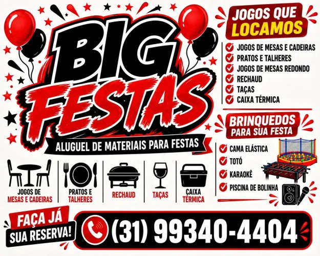 Aluguel de mesas e cadeiras, pratos , talheres, brinquedos e muito mais, faça seu or.