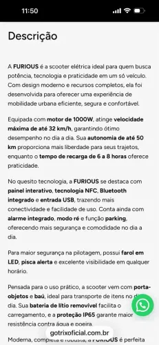 Scooter Elétrica Furious 1000w Branca