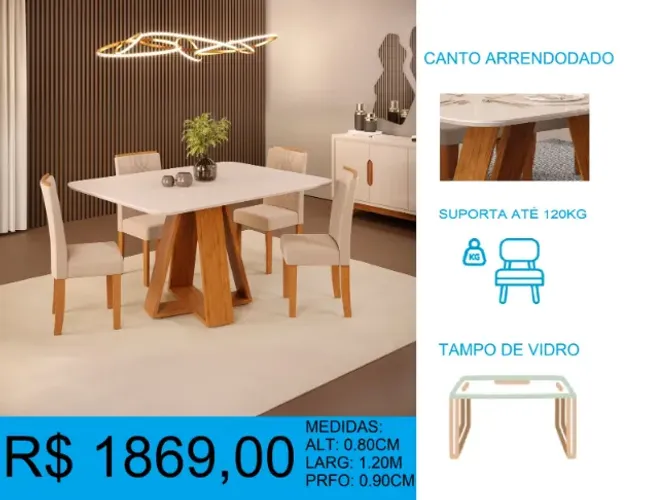MESA COM TAMPO DE VIDRO PRONTA ENTREGA - EM ATÉ 10X SEM JUROS