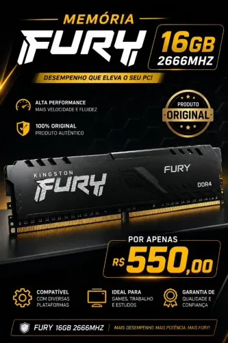 Memória 16GB 2666Mhz Kingston Fury Preta - Produto Novo !