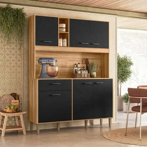 Armario de Cozinha Erva Doce 140 cm 6 Portas e 1 Gaveta Freijó/ Preto - Montagem Grátis 