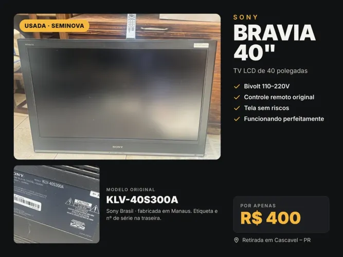 TV SONY BRAVIA - 40 POLEGADAS USADA