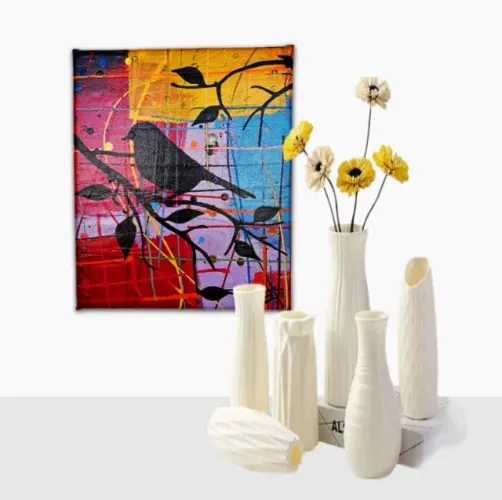 Mini Quadro Decorativo em Acrílico Pintado a Mão para Decoração Pássaros