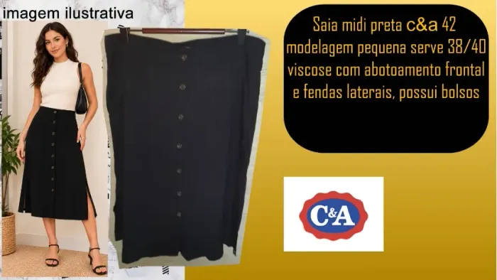 Saia midi preta c&a 42 modelagem pequena serve 38/40 viscose com abotoamento frontal