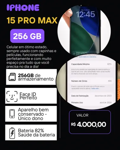     iPhone 15 Pro Max 256GB Azul Titânio - 82% Bateria - Conservado