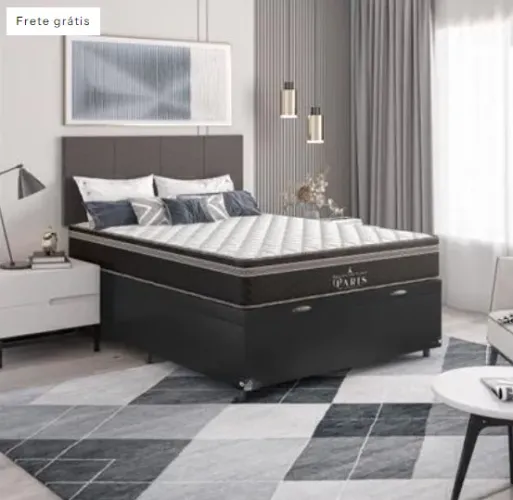 Cama Box Baú Casal + Colchão Paris Molas Ensacadas Pocket - 66x138x188cm - Várias Cores: V