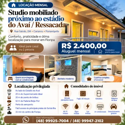 Studio mobiliado próximo ao estádio do Avai