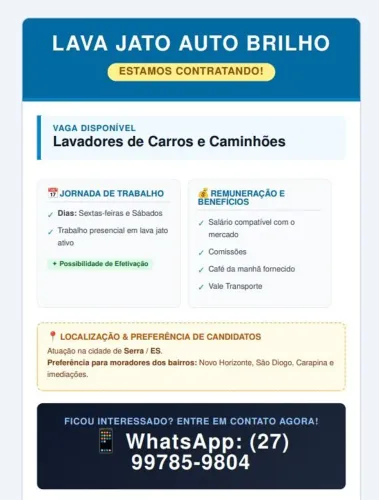 Vaga de Lavador de Veículos