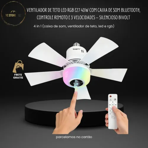 Ventilador de Teto LED RGB E27 40W com Caixa de Som Bluetooth, Controle Remoto