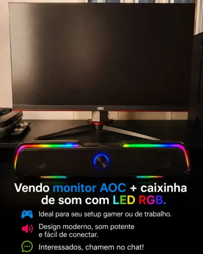 Monitor AOC + Caixinha de Som LED RGB