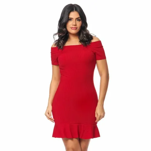 Vestido Tomara que Caia Diversos Canelado Off-Shoulder com Babado Natal Fim de Ano