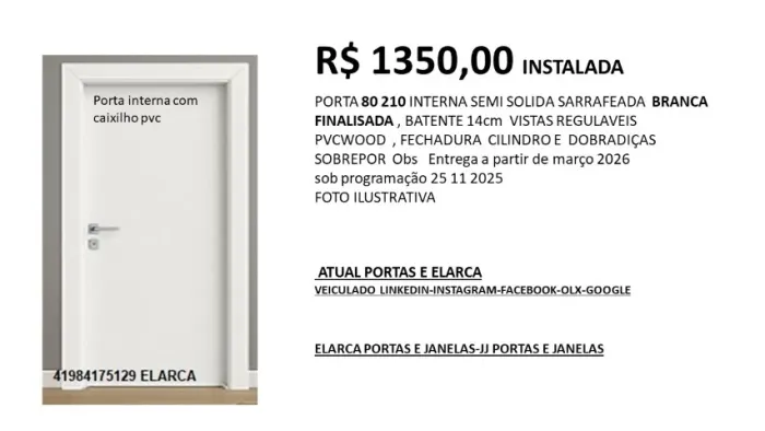 porta interna semi solida - batente pvc completa e instalada r$ 1350,00