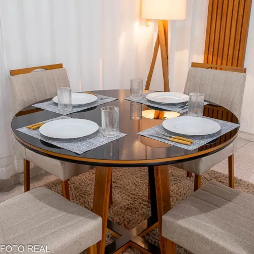 Mesa de Jantar Redonda 120cm Vidro Preto/Base Madeira + 4 Cadeiras Linho- Entrega Rápida
