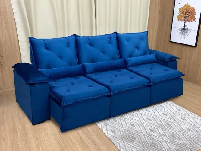 Sofá Retrátil 3 Lugares 270cm Veludo Azul Acari