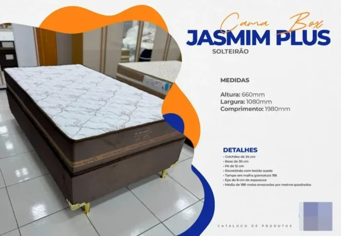 Cama Box Solteiro Jasmim Plus, com colchão de 24 cm, base de 30 cm e pés de 12 cm. Revesti