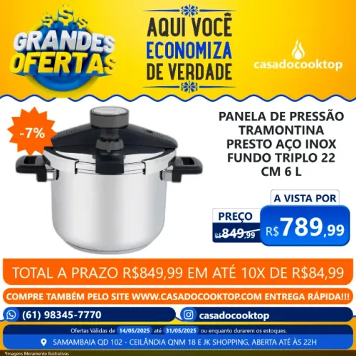 Panela De Pressão Tramontina Presto aço Inox Fundo Triplo 22cm 6 Litros 