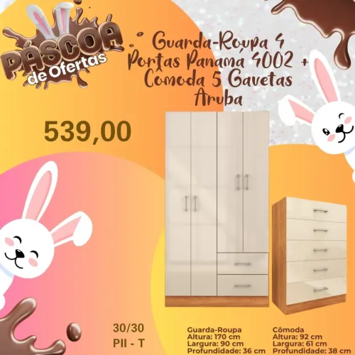 Guarda-Roupa 4 Portas + Cômoda 5 Gavetas Aruba