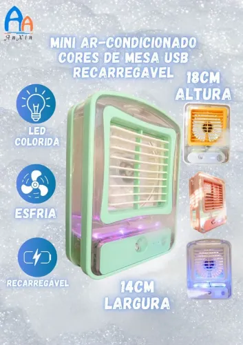 (NOVO LACRADO)Mini ar condicionado de mesa com luz e recarregável! Cores! 