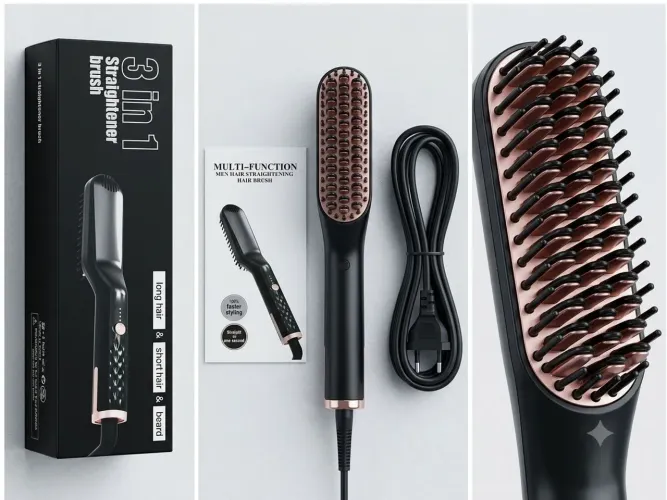 Escova Alisadora Masculina 3 em 1 - Alinhador de Barba e Cabelo Profissional