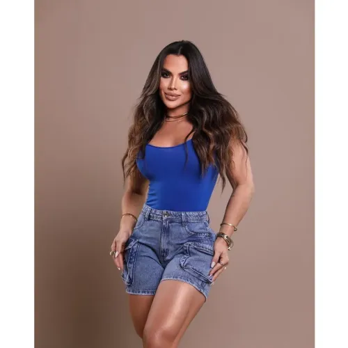 Short Jeans Cargo Feminino Sem Lycra, Cintura Alta, Bolso Lateral - N°40