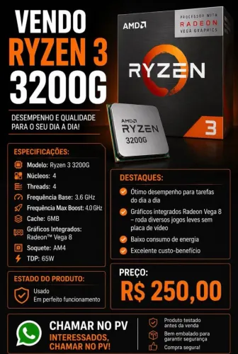 Processador Amd Ryzen 3 3200G vídeo integrado. mais informações na descrição