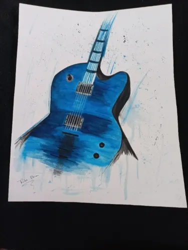 Guitarra Azul - Aquarela - Arte Desenhada e Pintada a Mão para Emoldurar -tamanho 53x43cm