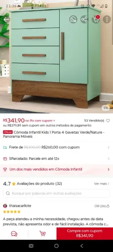 Comoda Infantil Kids 1 Porta 4 Gavetas Verde/Nature - Novo com detalhes