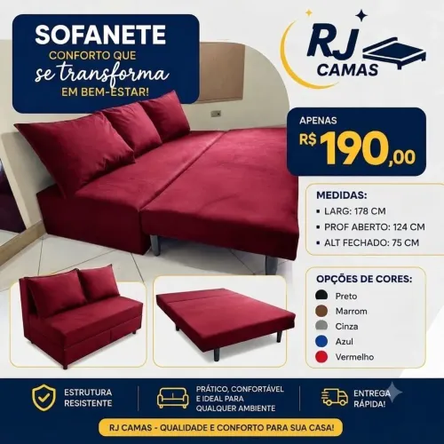 Sofanete com três almofadas, várias cores. 