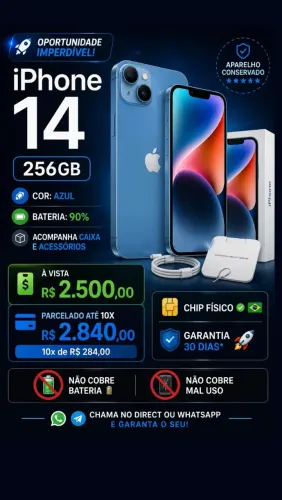 ? iPhone 14 256GB Azul - Impecável (Saúde da Bateria 90%)