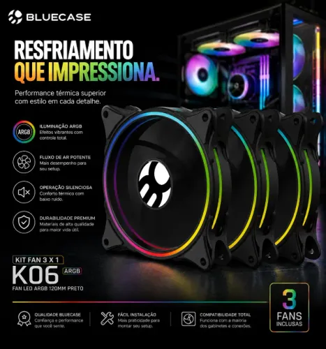 Cooler Fan Kit com 3 Unidades ARGB CONTROLAVEL K06ARGB LED 120MM BLUECASE