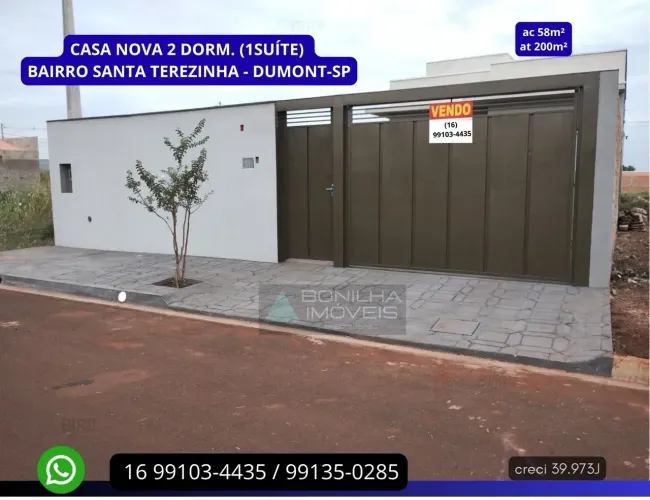 Casa nova à venda com 2 quartos (1 suíte) bairro Santa Terezinha - Dumont - SP