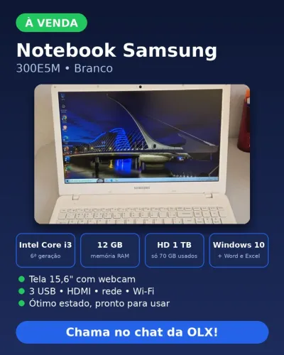 Notebook Samsung 300E5M Branco - Core i3, 12GB RAM, 1TB