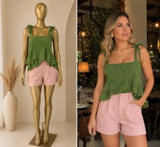 Blusa verde com babados e alça de amarração